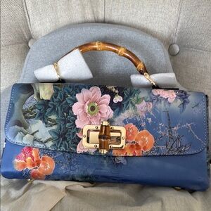 Floral Blue Handbag with Bamboo Handle